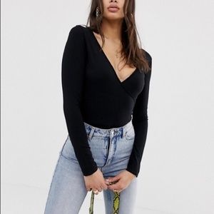 ASOS black deep v v neck bodysuit thong